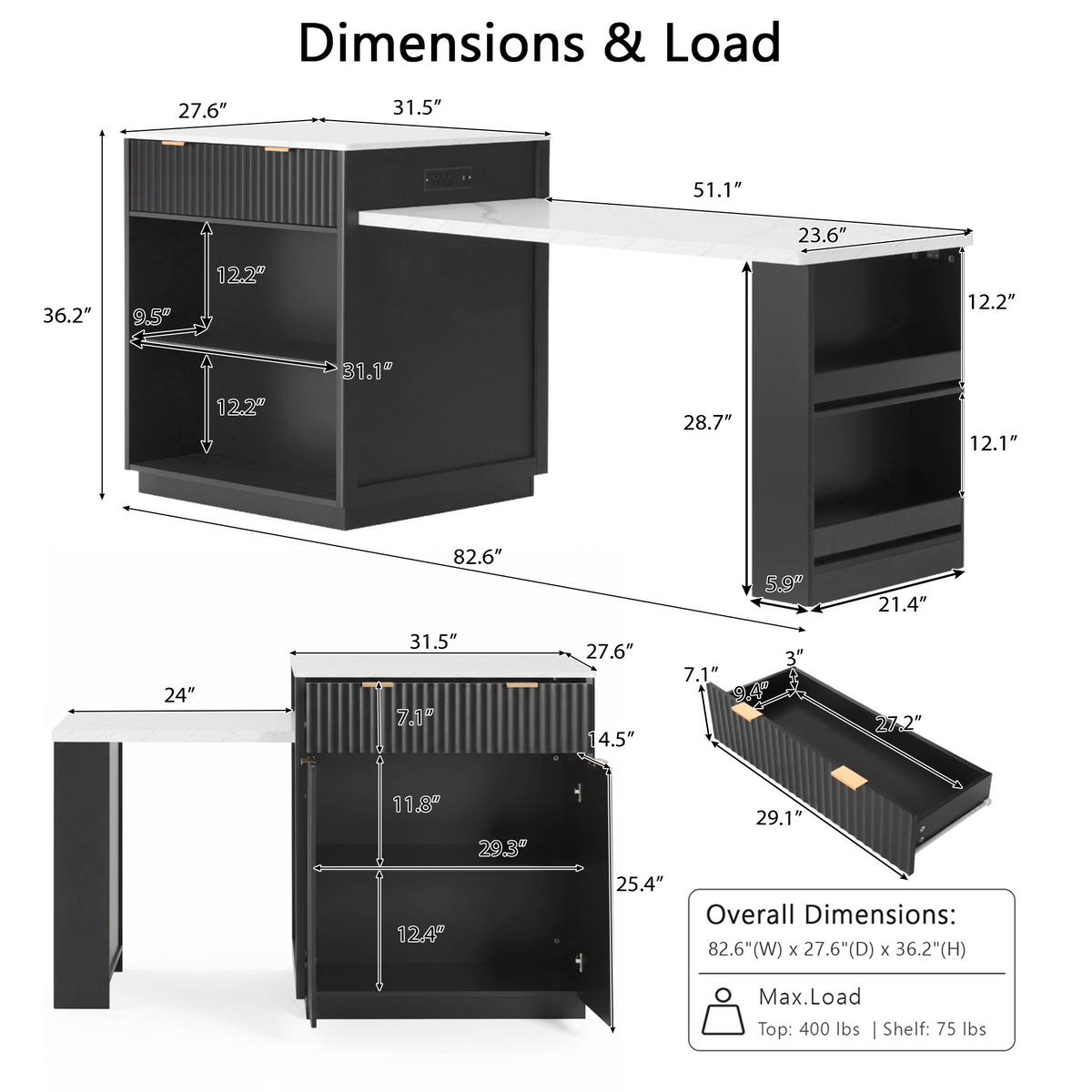 variant-group:rf-n707s000018b|Roomfitters 82.6" Fluted Kitchen Island with 51" Extendable Dining Table for 4-6, Power Outlet, Black