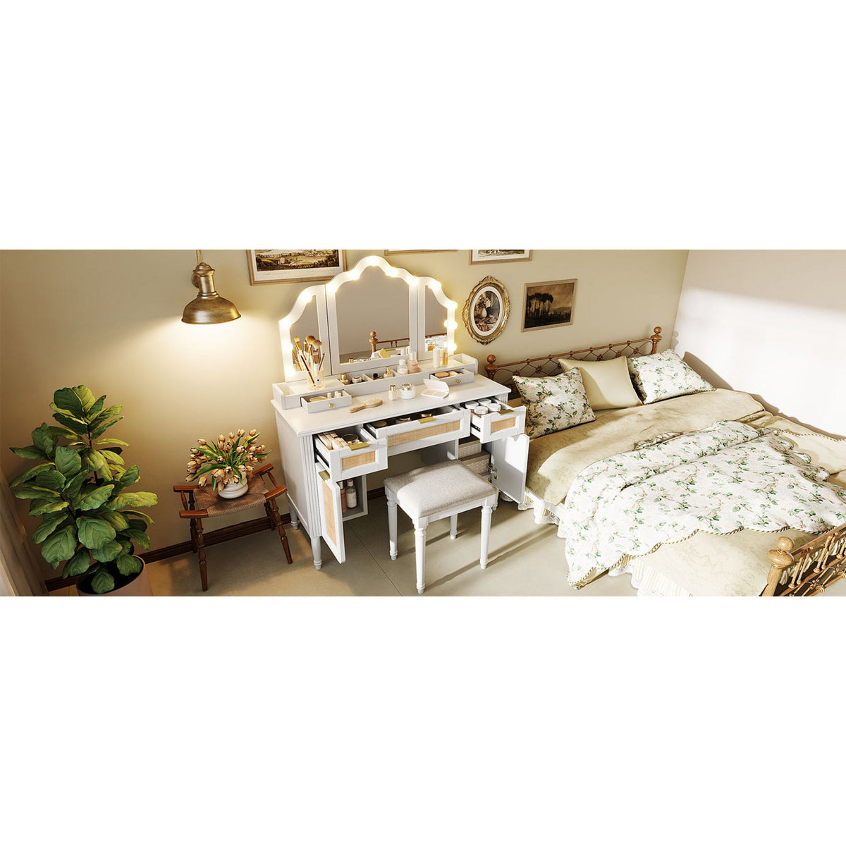 Roomfitters 44.37" Makeup Vanity with Lighted Tri-fold Mirror, French Vintage Rattan Dressing Table, Drawers and Stool, White Roomfitters