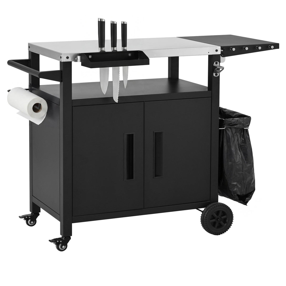 Roomfitters Grill Cart with Stainless Steel Top, Outdoor Kitchen Island, BBQ Prep Station with Trash Bag Holder and Hooks, Black