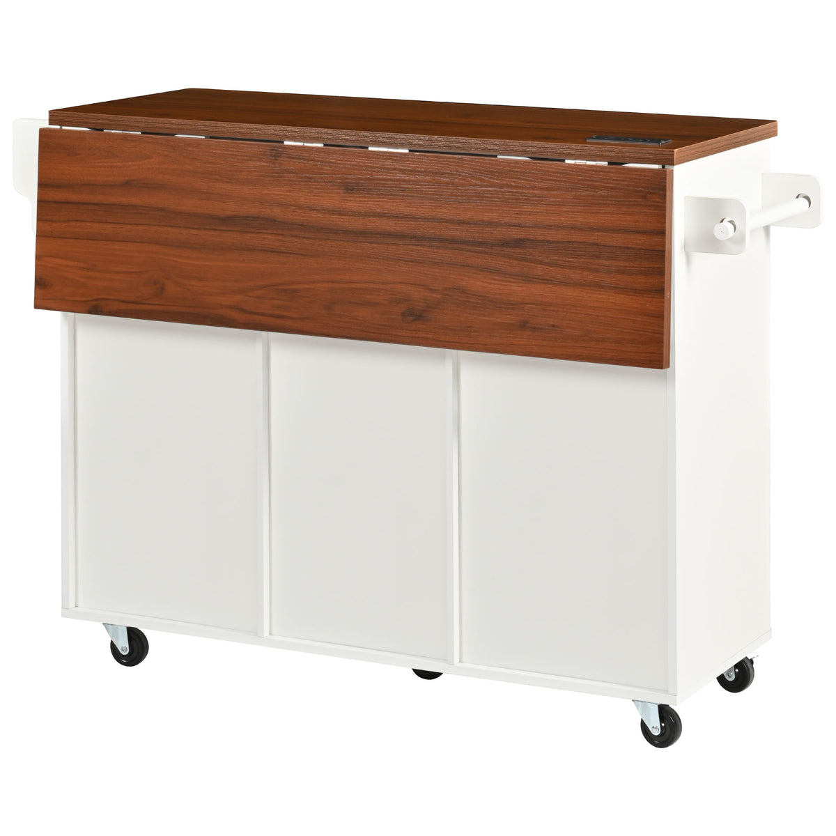 variant-group:rf-n707s000019w|Roomfitters 52" Fluted Kitchen Island with Drop Leaf, Power Outlet & Walnut Wood-Grain Top, White