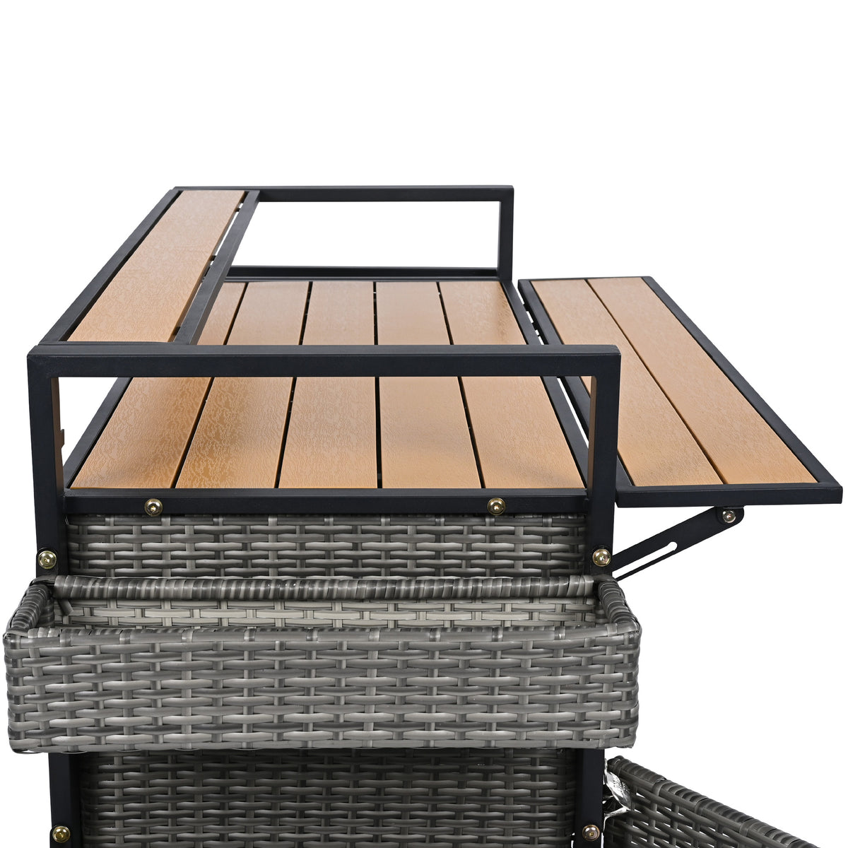 variant-group:rf-n707p233747g|Roomfitters 52.8" Wicker Outdoor Grill Cart with Plastic Wood Table, Rolling Island with Storage Cabinet, Double Handles, Grey