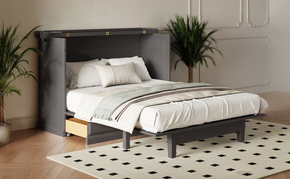 Roomfitters Full Size Solid Wood Murphy Bed Chest Cabinet, Farmhouse Wall Bed Charging Station Storage Drawer, Grey Roomfitters