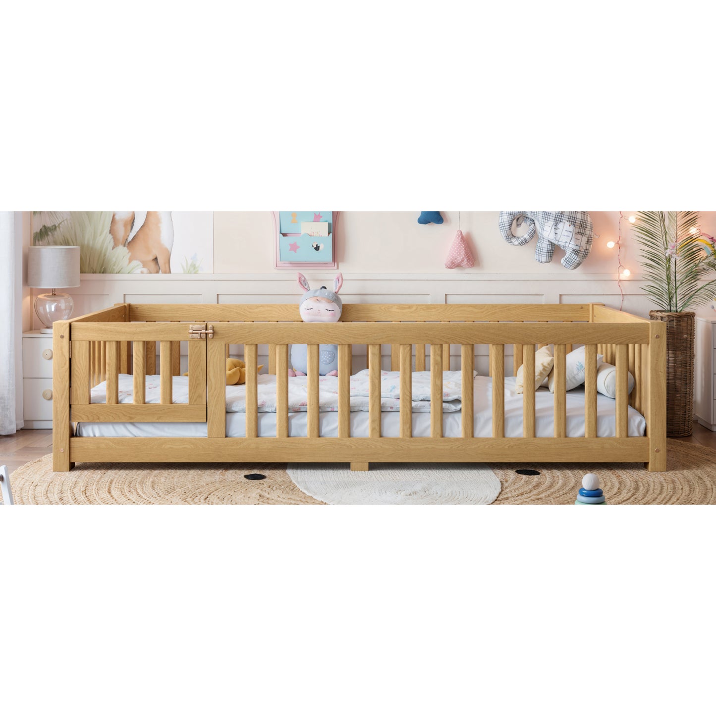 variant-group:rf-w1580p462314|Roomfitters Twin Size Wooden Floor Bed Frame with Safety Guardrails Door, Solid Wood Low Profile Toddler Play Bed, Natural