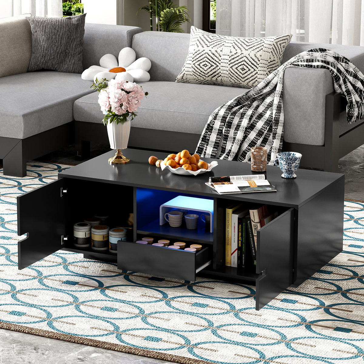 variant-group:rf-n724p294656b|Roomfitters Modern Glossy Coffee Table with Storage Space and Light Accent, Rectangle Center Table for Living Room, Black