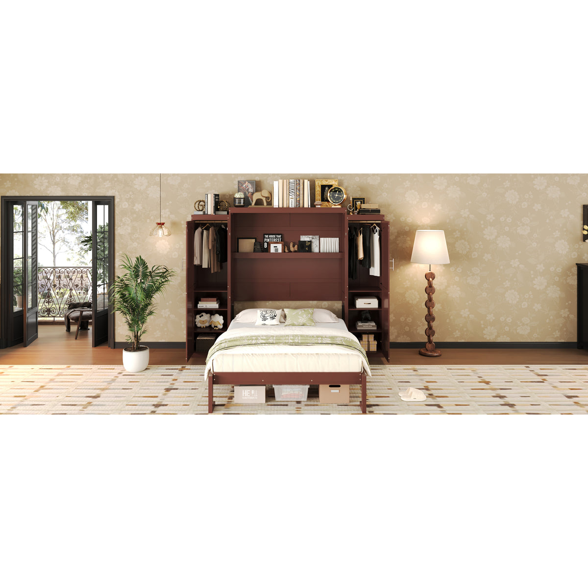 variant-group:rf-n733s235596d|Roomfitters Full Murphy Wall Bed with Two Wardrobes and Storage Shelf, Foldable Platform Bed Frame for Guest Room, Walnut