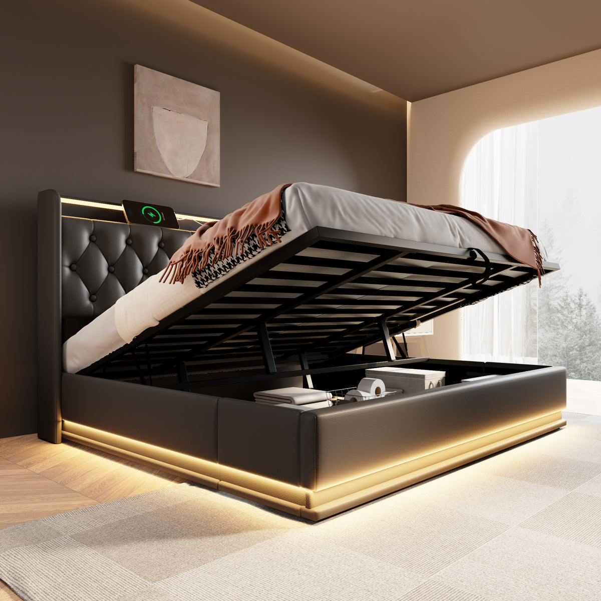 variant-group:rf-n736p188808b|Roomfitters King Size Upholstered Storage Bed with USB Type-C Charging and Remote Control, Faux Leather Black