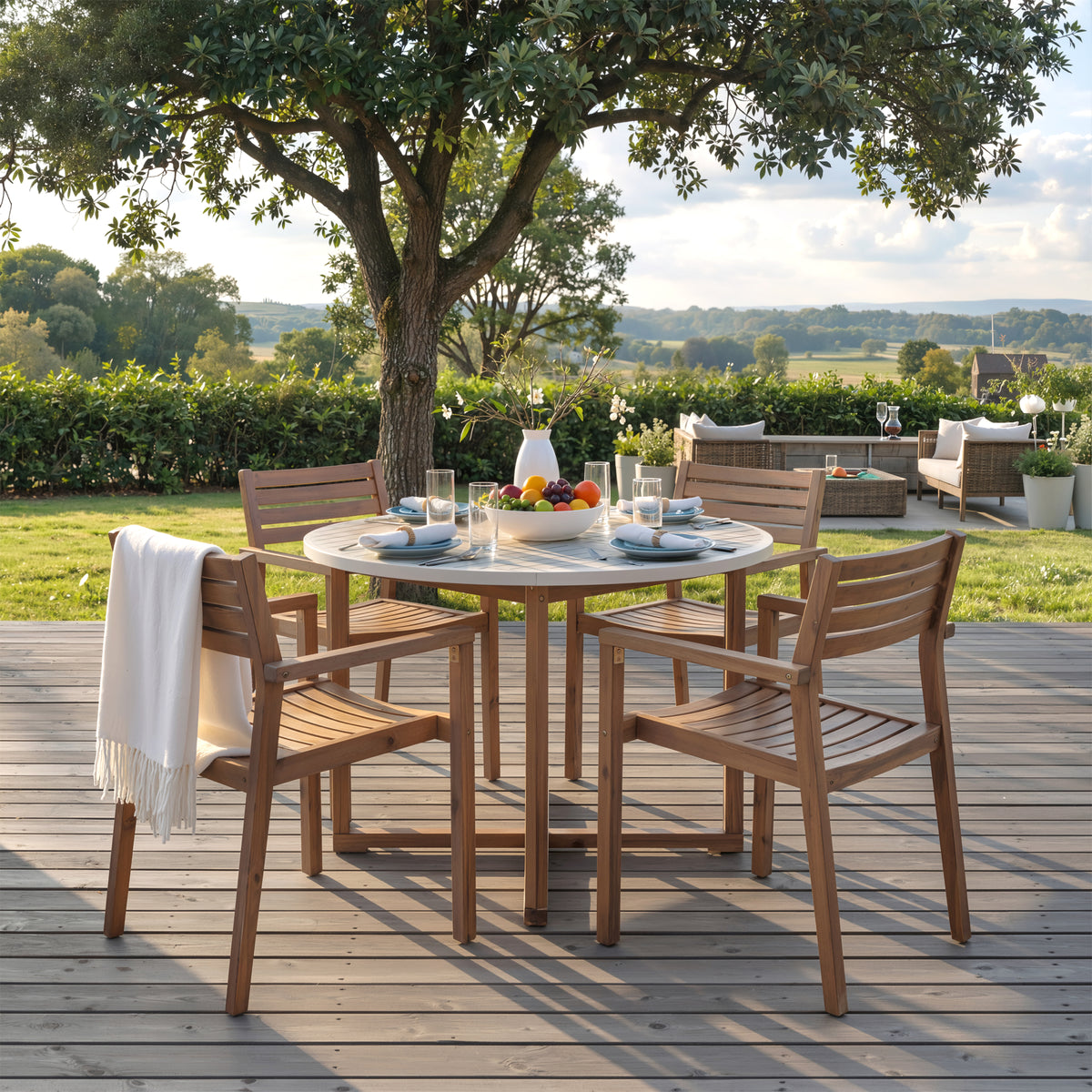 variant-group:rf-n711wy000475aad|Roomfitters 5-Piece Outdoor Dining Set for 4, 47.2-Inch Round Acacia Wood Table, Light Grey Slatted Patio Group