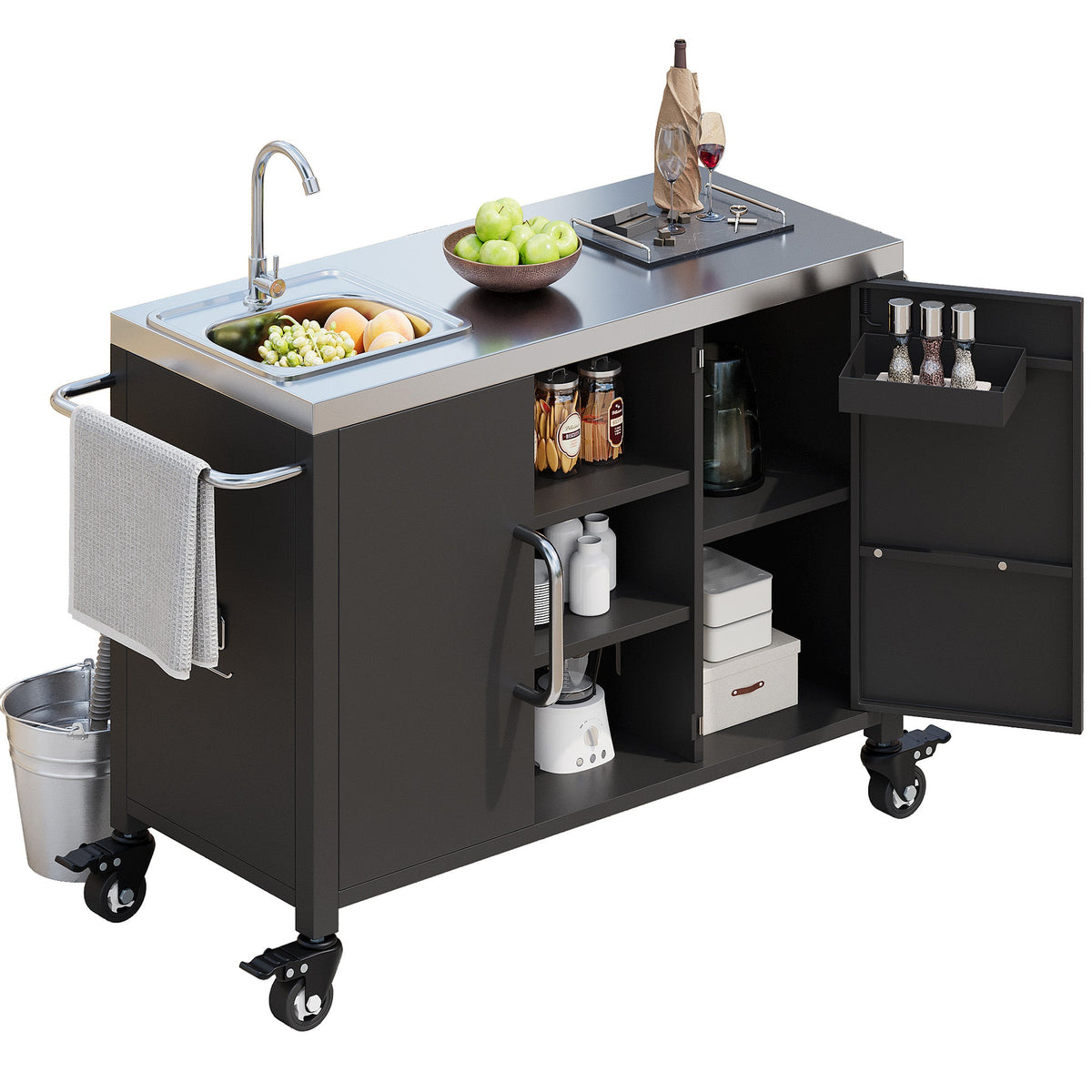 Roomfitters 55.5" Outdoor Kitchen Island with Stainless Steel Sink, Rolling Grill Prep Cart & Storage Cabinet, Black