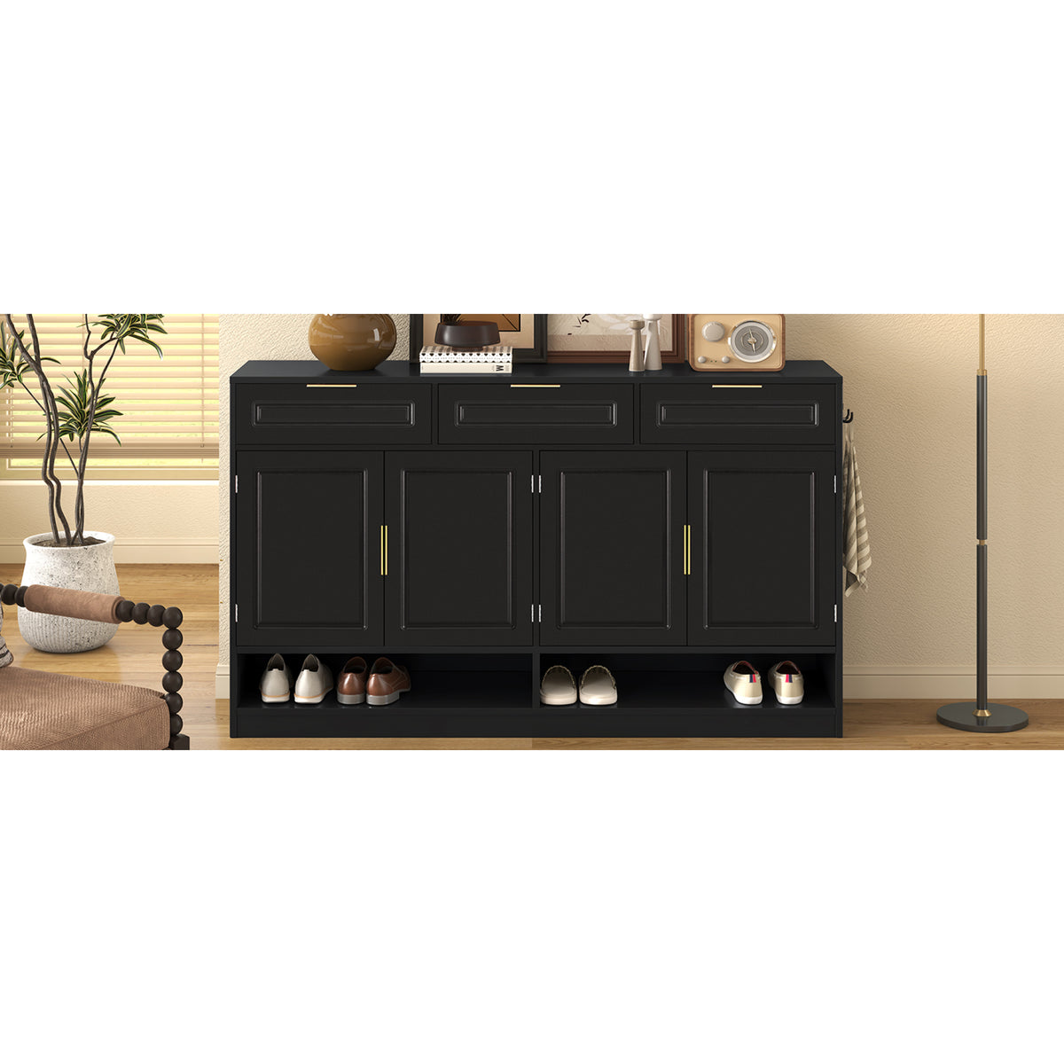 variant-group:rf-n711p345213b|Roomfitters 59.1" Farmhouse Sideboard Buffet Cabinet with 3 Drawers and 4 Doors, Kitchen Storage with Open Shelf, Black