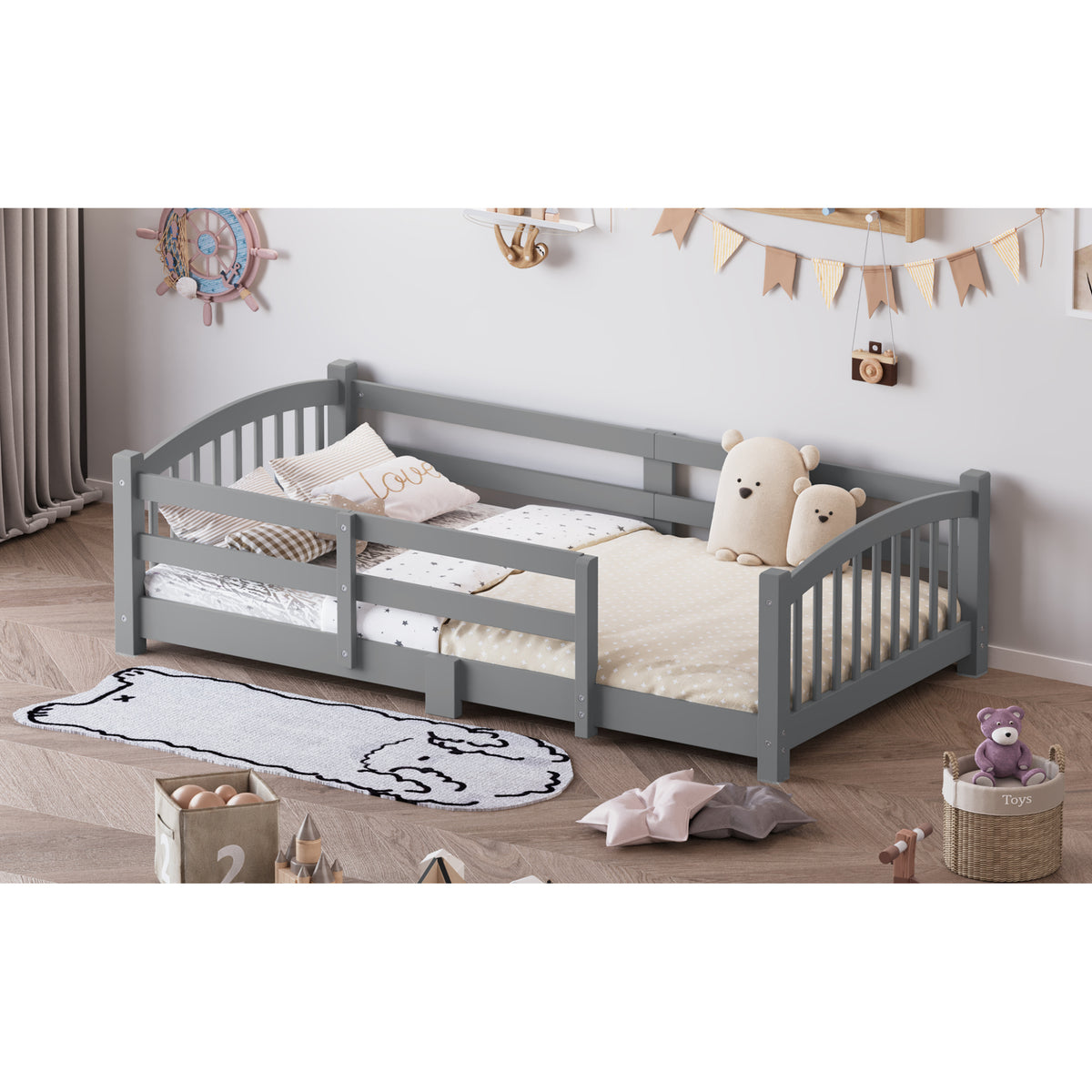 variant-group:rf-n733p400298e|Roomfitters Twin Montessori Floor Bed with Guardrails, Solid Wood Low Platform Bed with Slats, Easy Assembly, Gray
