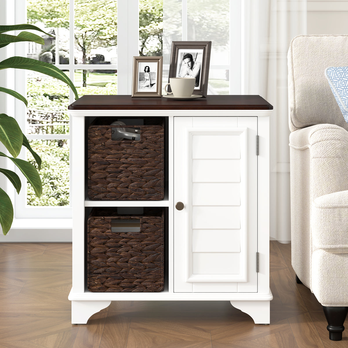 variant-group:rf-n724p401353k|Roomfitters American Style Louvered Side End Table with 2 Grass Storage Baskets, White
