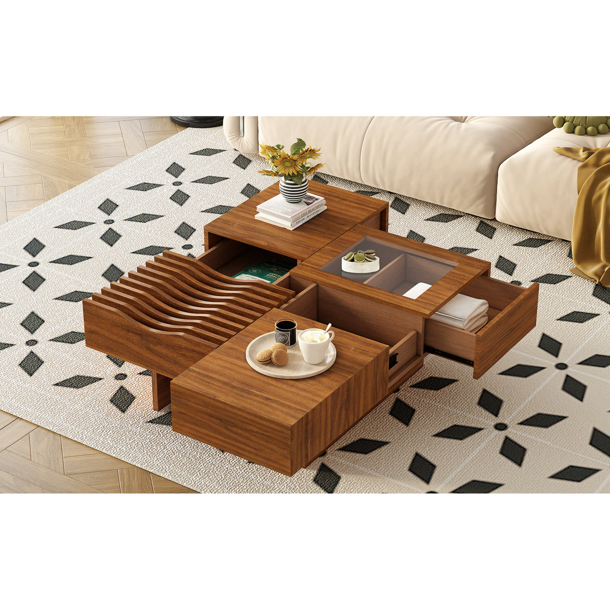 variant-group:rf-n724p270432d|Roomfitters Square Mid-Century Coffee Table with Glass Top and 3 Storage Compartments, Solid Wood Legs, Brown