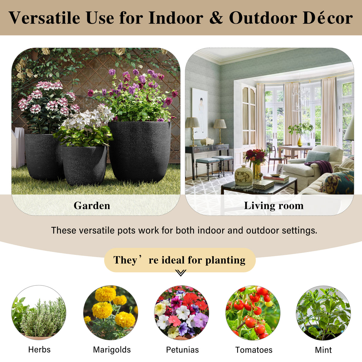 variant-group:rf-n711p406670b|Roomfitters Lightweight Matte Textured MGO Planter Set, 3-Piece Graduated Flower Pots, Black Concrete-Look Stackable