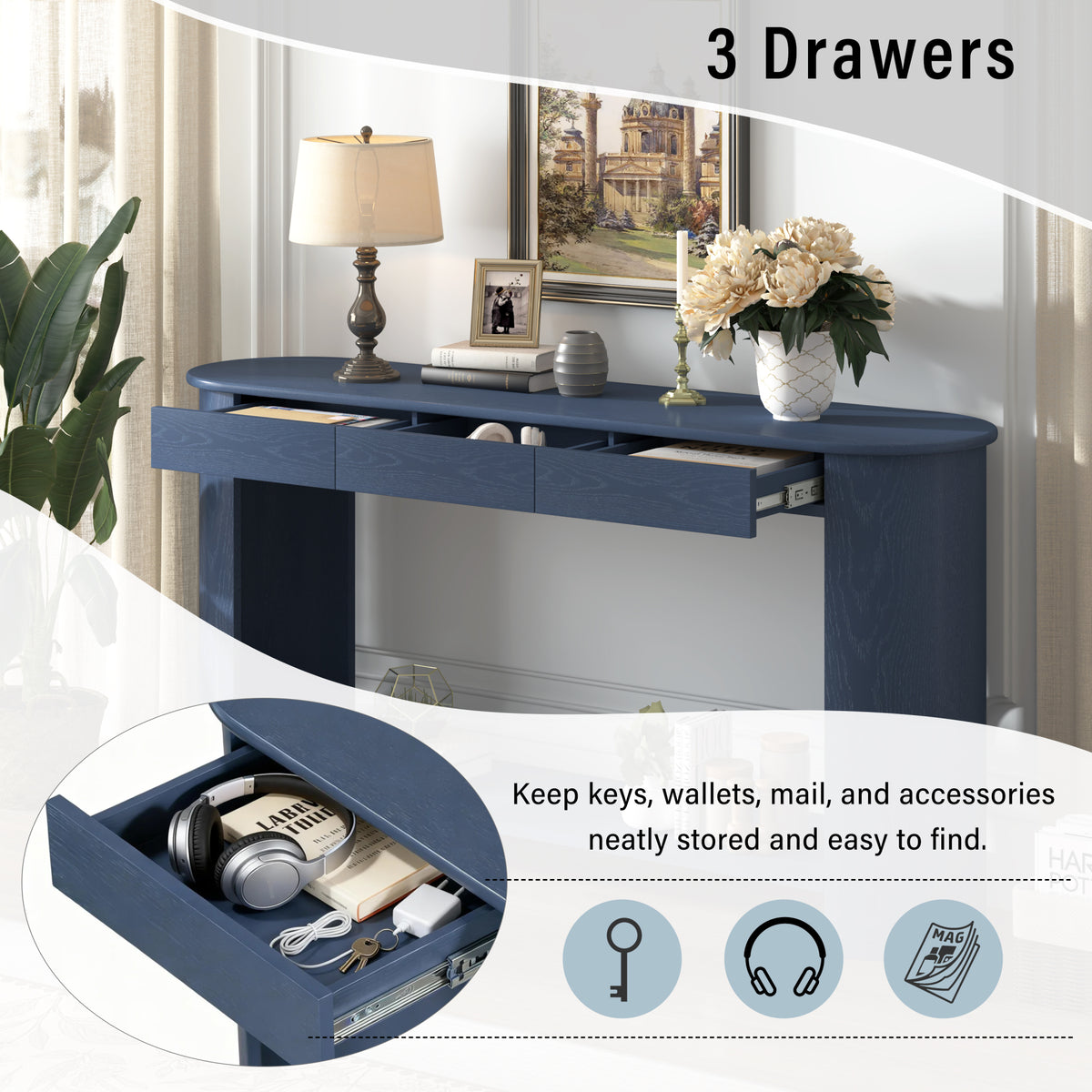 variant-group:rf-n711p395523c|Roomfitters Modern Farmhouse Navy Blue Oak Veneer Semi-Circular Console Table with 3 Drawers and Open Bottom Storage Shelf