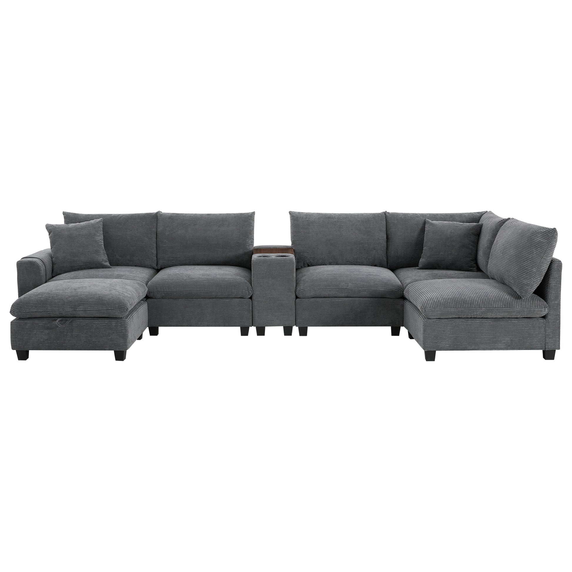 variant-group:rf-n723s1166e|Roomfitters 139 Inch U-Shaped Modular Sectional Sofa with Storage Console, Cup Holders and USB Ports for Living Room, Gray
