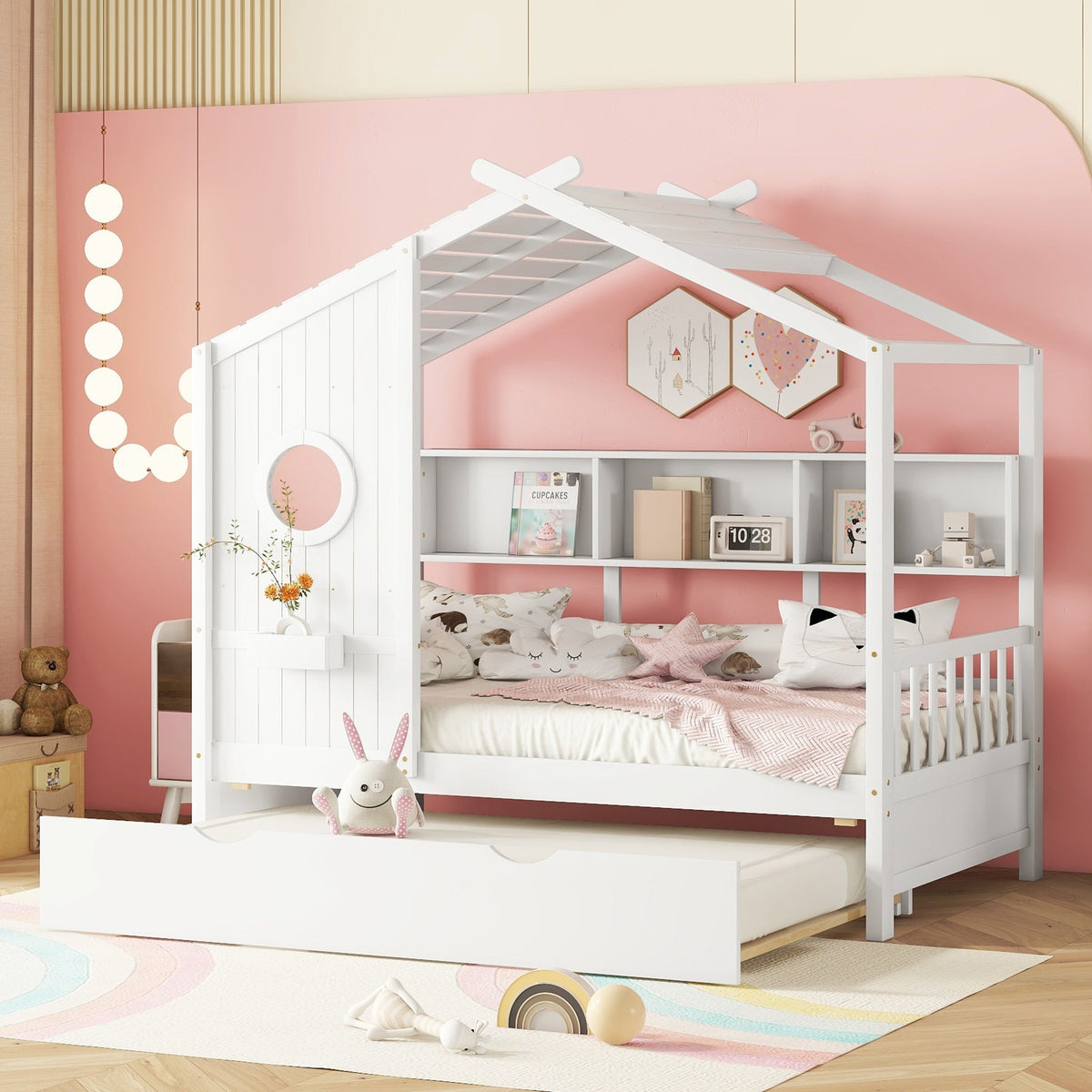 Roomfitters Wooden Twin Size House Bed with Trundle and Storage Shelf, White