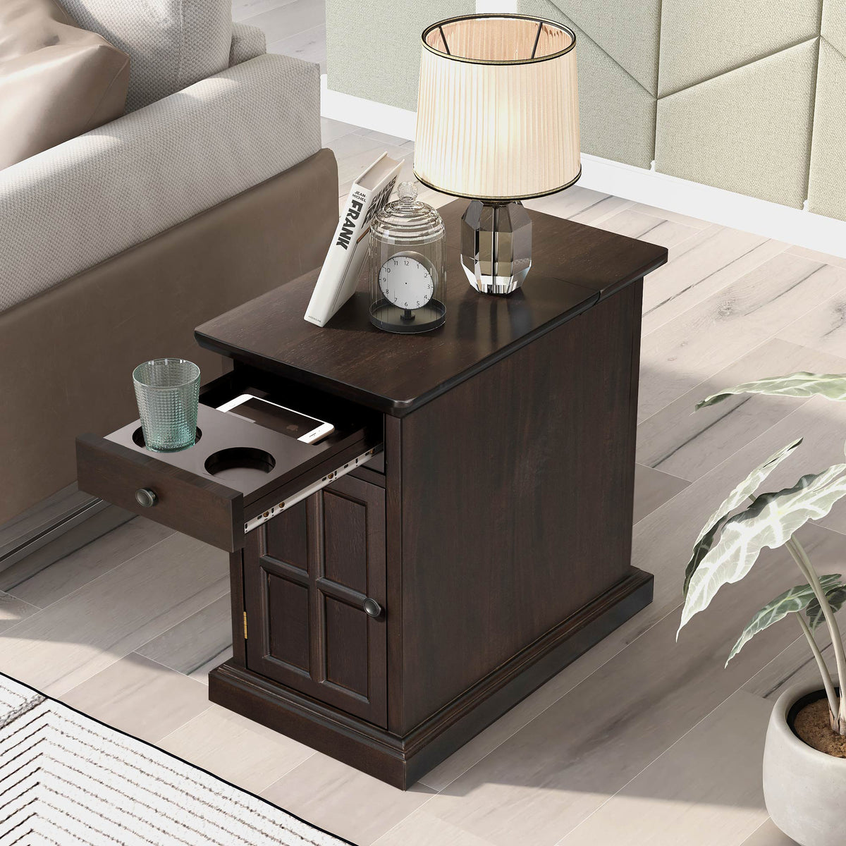 variant-group:rf-n724p185778p|Roomfitters Vintage End Table with USB Ports, Cup Holders and Multifunctional Storage for Living Room, Espresso
