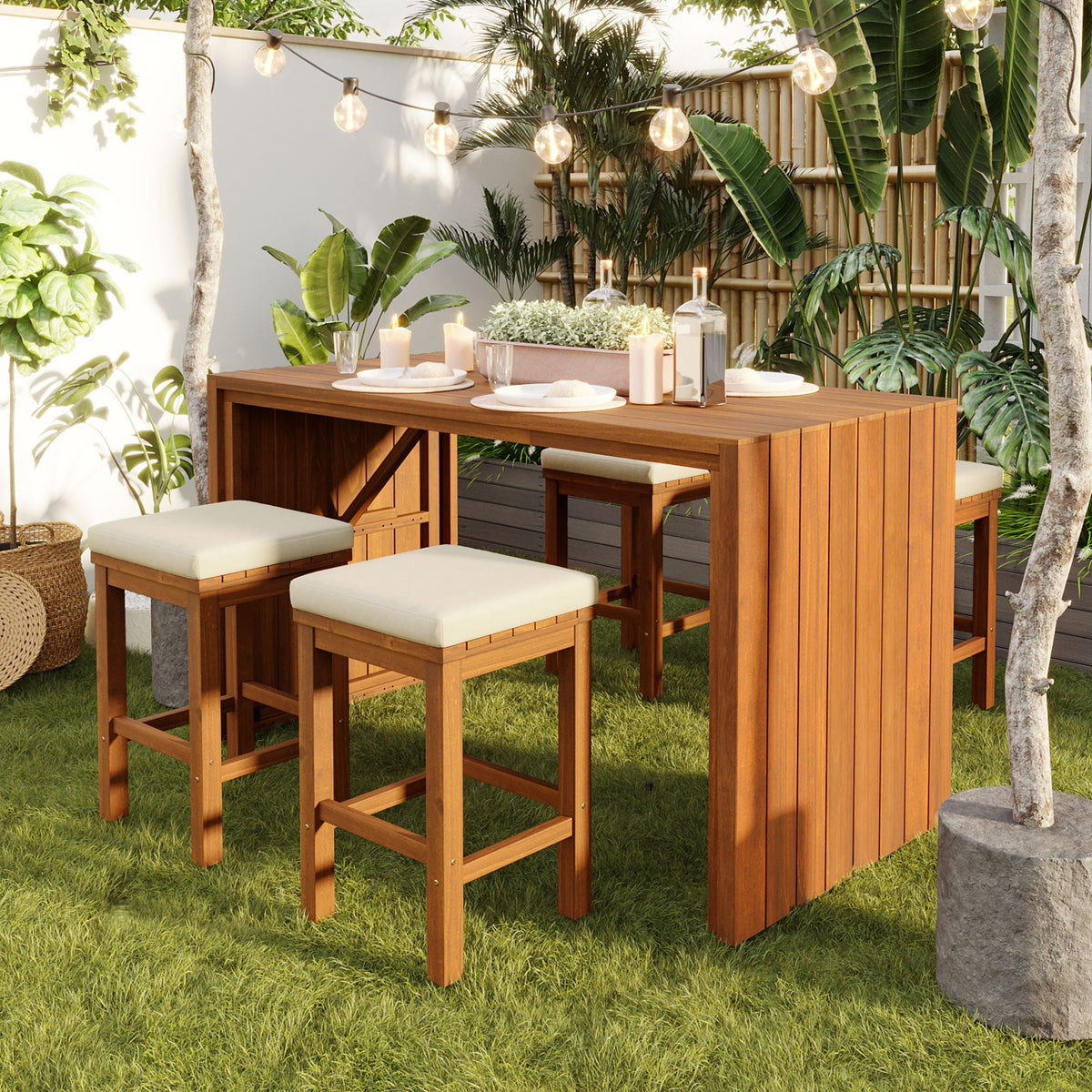 Roomfitters 5 Piece Outdoor Bar Set with High Top Dining Table and 4 Cushioned Backless Stools, Patio Furniture, Beige+Natural Roomfitters