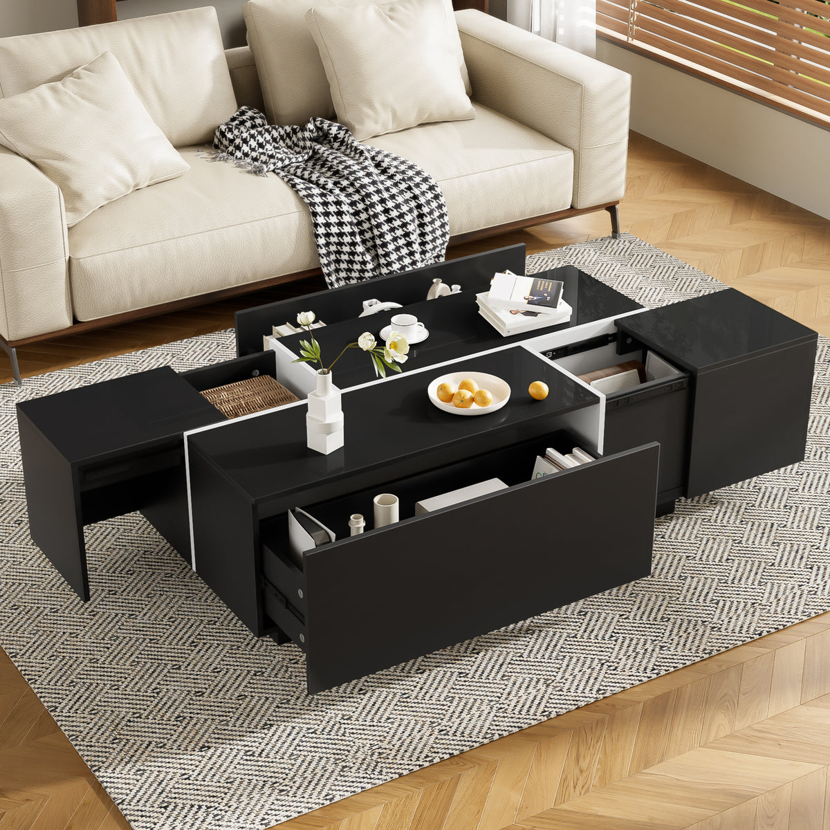 variant-group:rf-n724p292070b|Roomfitters Glossy Extendable Coffee Table with 2 Drawers and Hidden Storage Compartments, Multi-Functional Design, Black