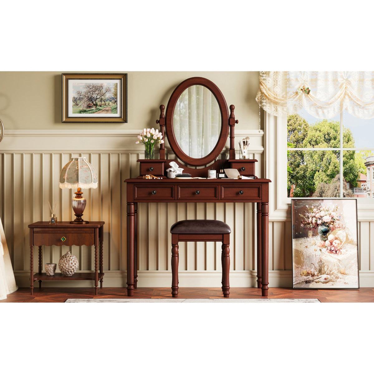 Roomfitters Vintage Vanity Desk with Adjustable Mirror, Makeup Table and Cushioned Stool Set, Wooden Dressing Table with 5 Drawers and Velvet Lining, Walnut