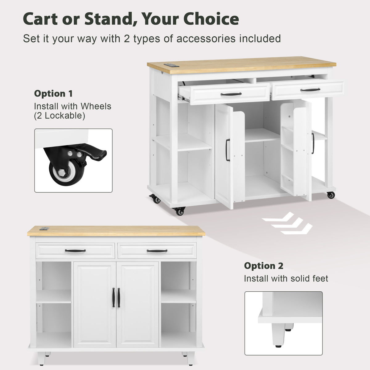 variant-group:rf-n707p215327w|Roomfitters 47" Kitchen Island with Extendable Dining Table, Storage Cabinet, Power Outlet, Rubber Wood Veneer, White