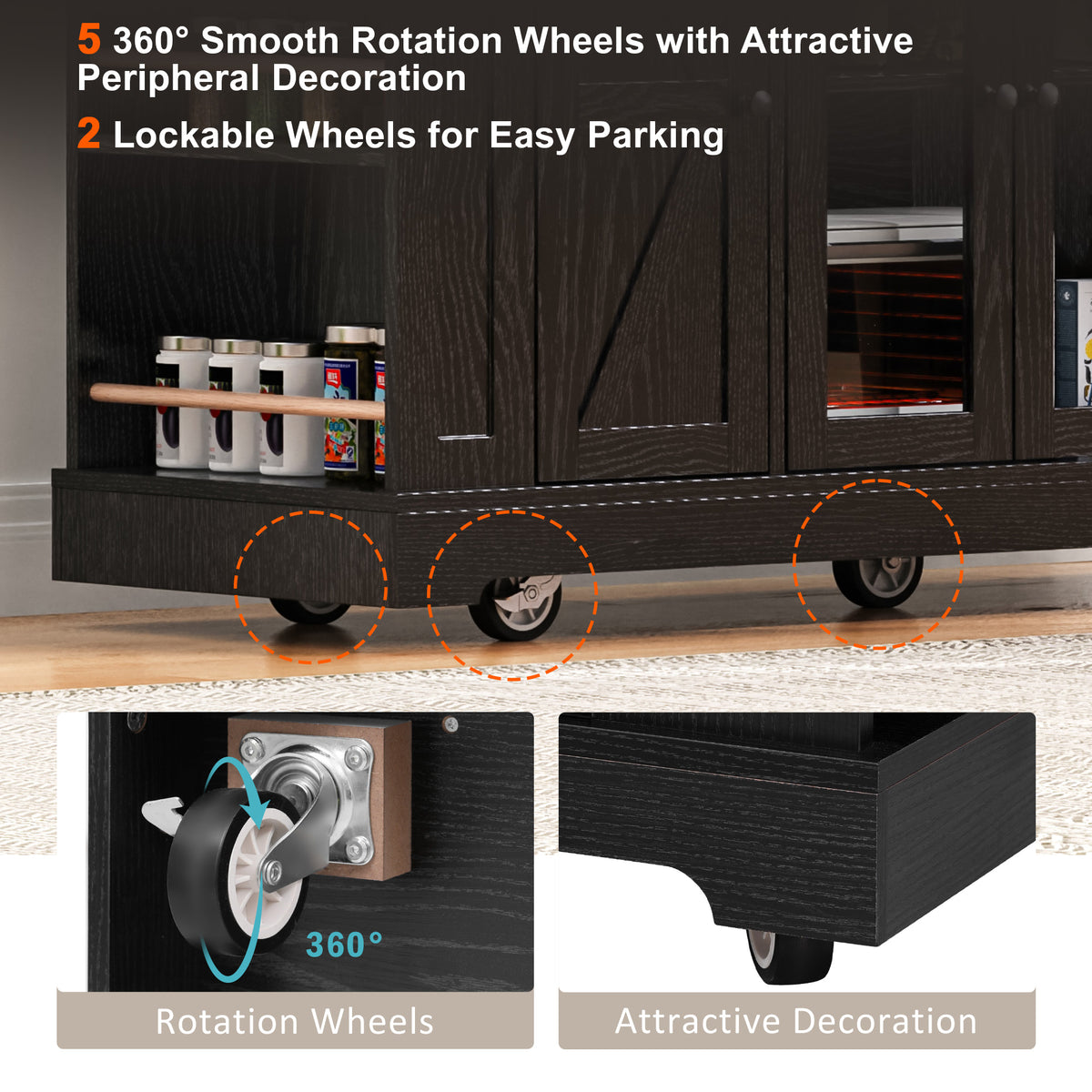 variant-group:rf-n707p263637b|Roomfitters 53" Rolling Kitchen Island with Drop Leaf, Mobile Cart with Glass Doors, 5 Side Shelves & Power Outlets, Black