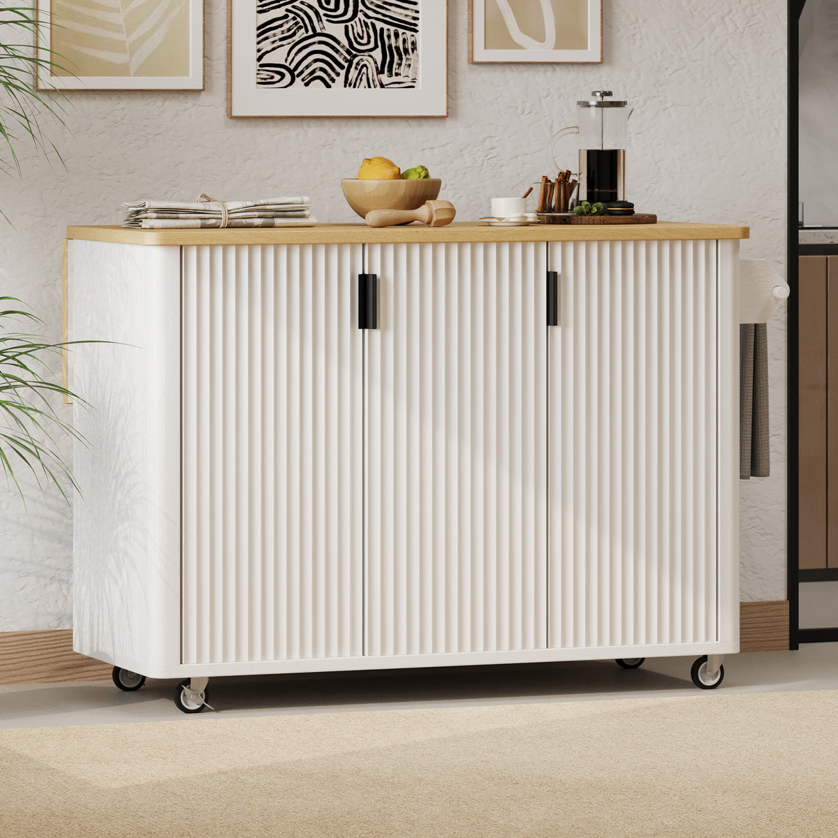 variant-group:rf-n707p221446w|Roomfitters 51" Fluted Kitchen Island with Drop Leaf, Rolling Cart with Storage Rack, Farmhouse Style, Towel Rack, White