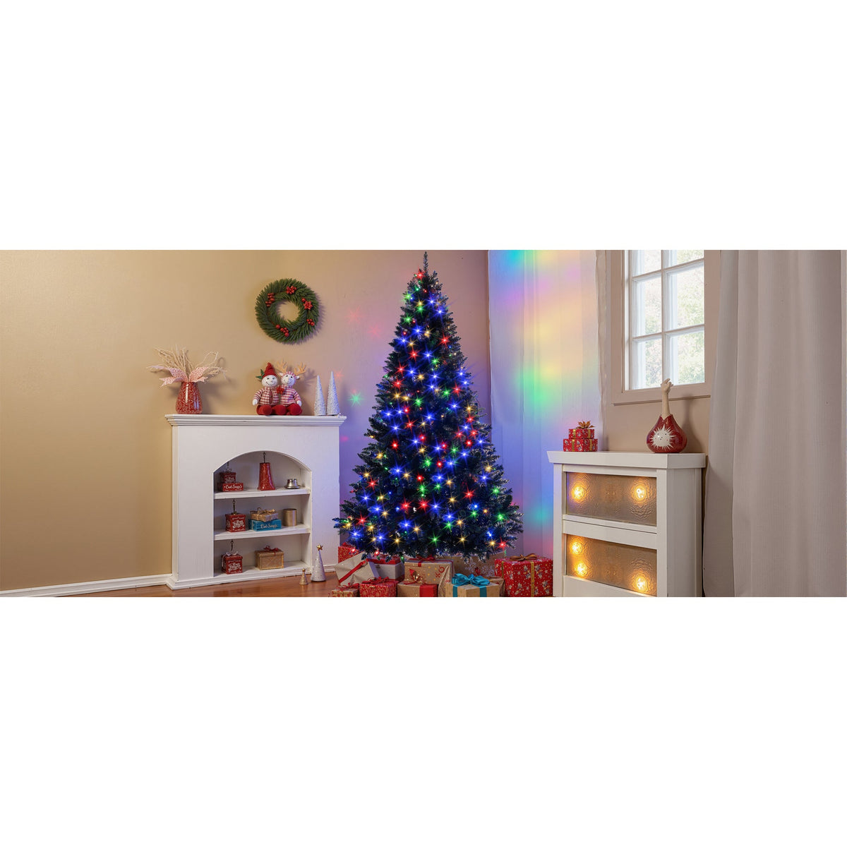 Roomfitters Pre-Lit Black Artificial Christmas Tree 6FT, Hinged Holiday Spruce Tree with 920 Tips and Color-Changing Lights Roomfitters