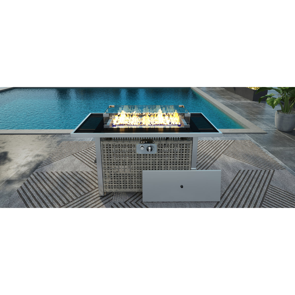 variant-group:rf-n707p210158g|Roomfitters 43" Propane Fire Pit Table, 60,000 BTU Rectangular Wicker Fire Pit with Glass Wind Guard for Patio, Grey