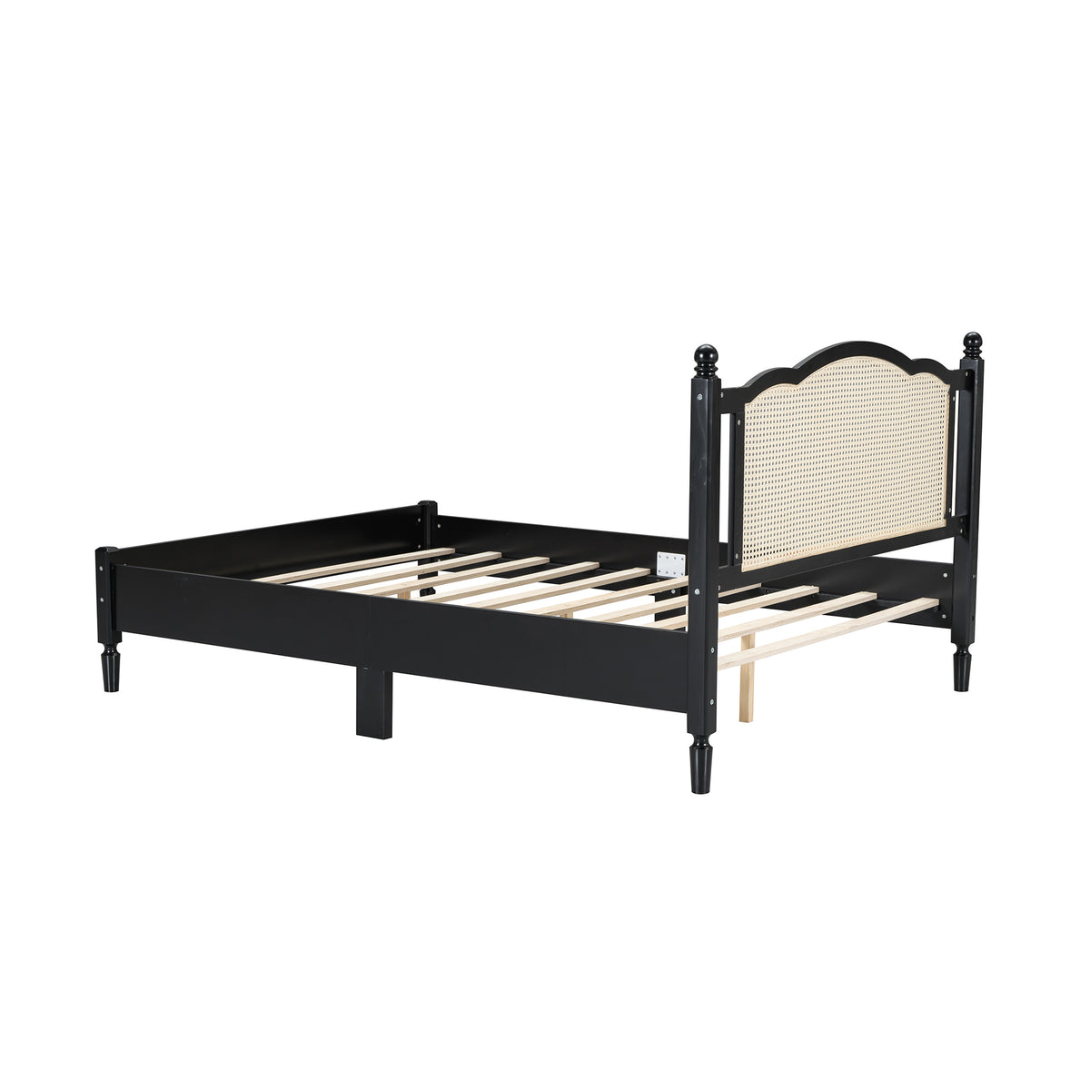 variant-group:rf-n733p180013b|Roomfitters Queen Size Wooden Platform Bed with Natural Rattan Headboard, Vintage-Inspired Bed Frame with Sturdy Wooden Slat Support for Timeless Elegance, Black