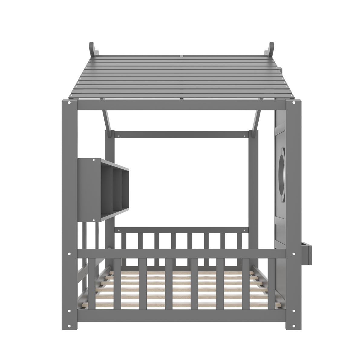 variant-group:rf-n733p335064e|Roomfitters Twin Size Floor House Bed with Storage Shelf and Roof Design, Montessori Playhouse Bed, Gray