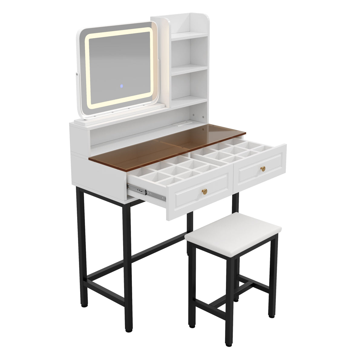 Roomfitters Makeup Vanity with LED Lighted Mirror, Glass Top, Charging Station and Storage Hutch, Vanity Table Set, Black+White Roomfitters