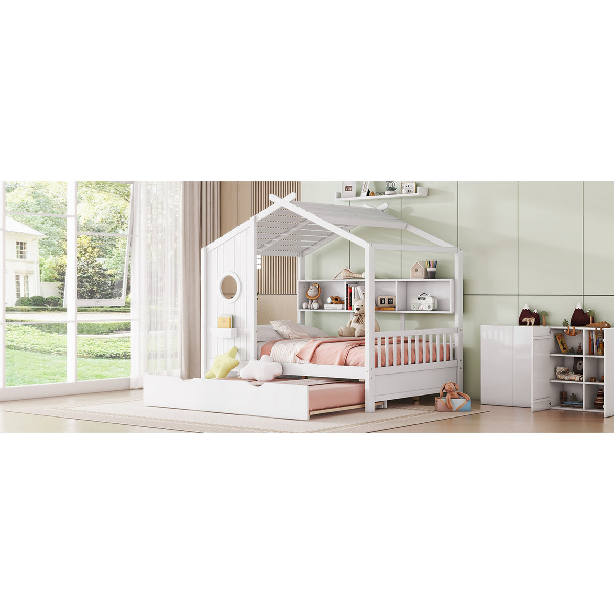 variant-group:rf-n733s316125k|Roomfitters Wooden Full Size House Bed with Trundle and Storage Shelf, White