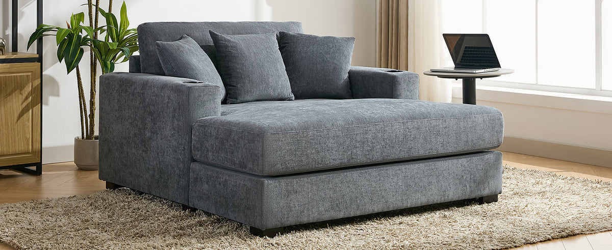 Roomfitters Oversized Chaise Lounger Sofa Couch, Upholstered Accent Chair Charge Station Cup Holders, Blue Gray