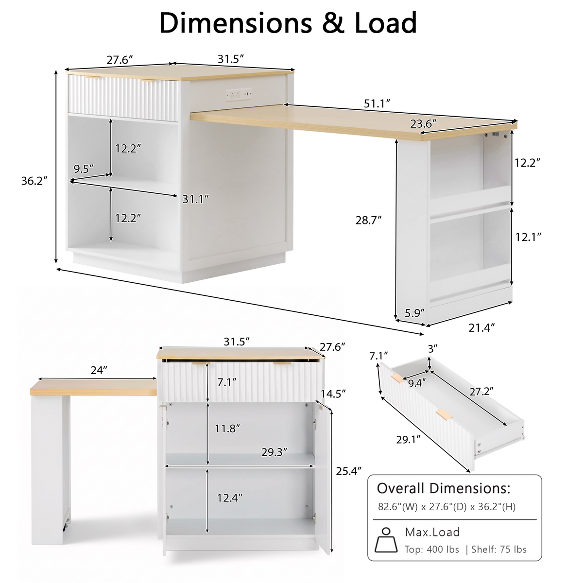 variant-group:rf-n707s000018w|Roomfitters 82.6" Fluted Kitchen Island with 51" Extendable Dining Table for 4-6, Power Outlet, White