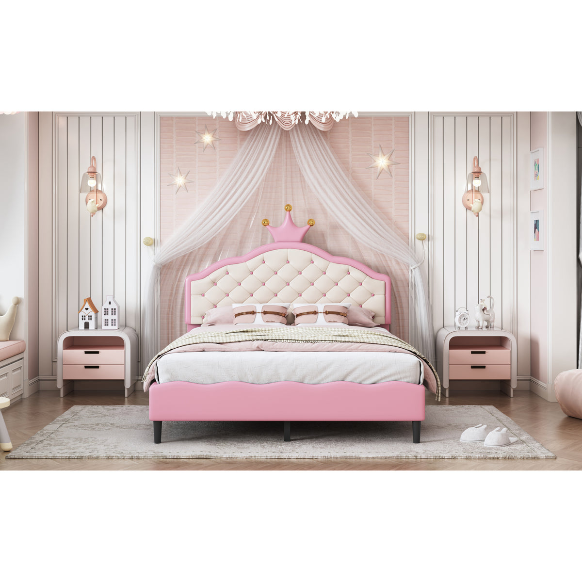 variant-group:rf-n733p198762h|Roomfitters Full Size Upholstered Princess Bed with Crown Design, Elegant PU Leather Platform Bed with Tufted Headboard for a Stylish Bedroom, Pink + Cream