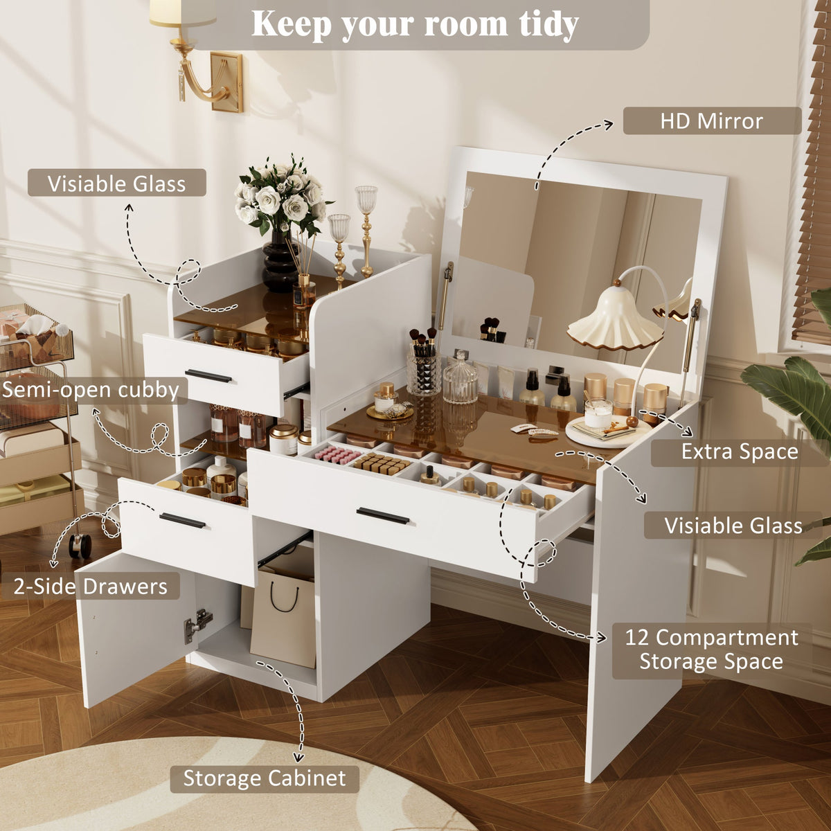 Roomfitters 3-in-1 Compact Space-Saving Vanity Desk with Flip Top Mirror and Amber Tempered Glass Top White Roomfitters