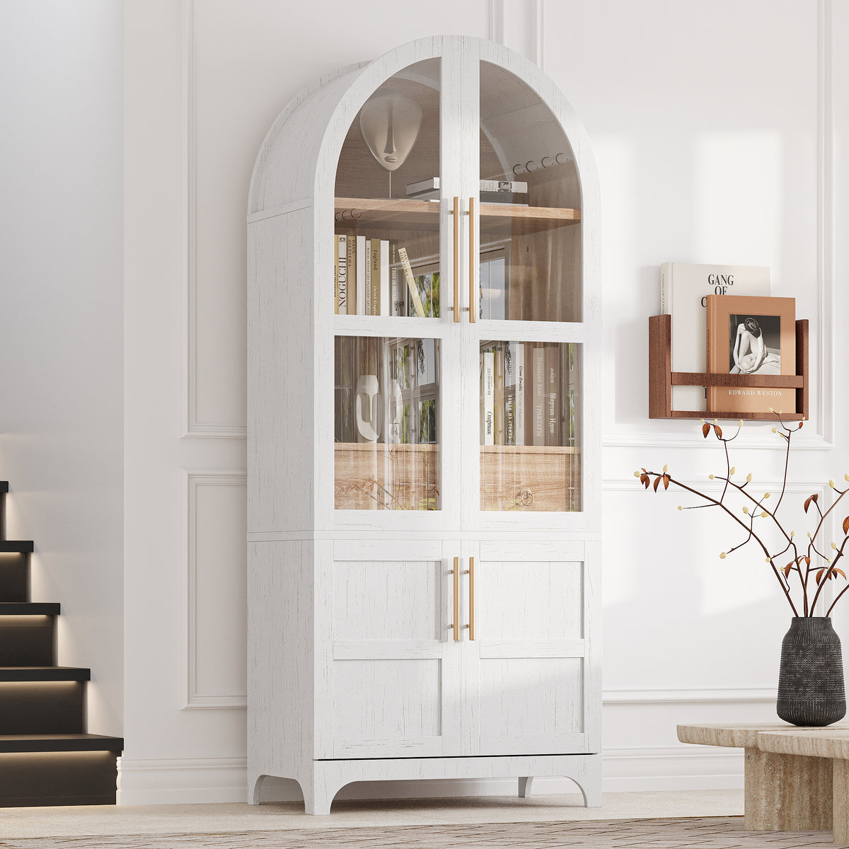 variant-group:rf-n707s288969w|Roomfitters 71" Pantry Cabinet with Arched Top & Glass Doors, 4-Door Storage Hutch with Adjustable Shelves for Kitchen, White