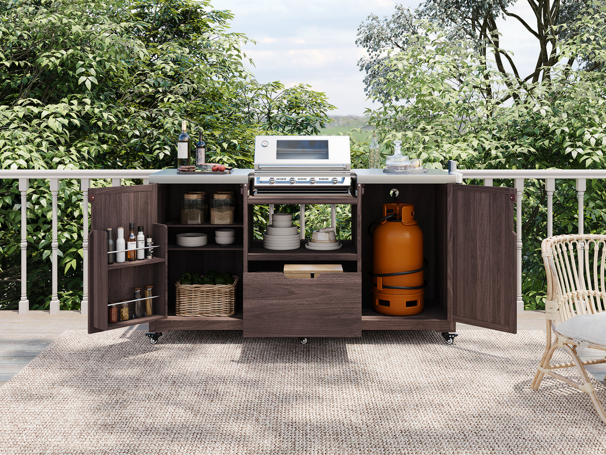 variant-group:rf-n707p250629z|Roomfitters 66.5" Outdoor Kitchen Island for Big Kamado Grills, Wood Grill Cart with Stainless Steel Top, Storage, Dark Brown
