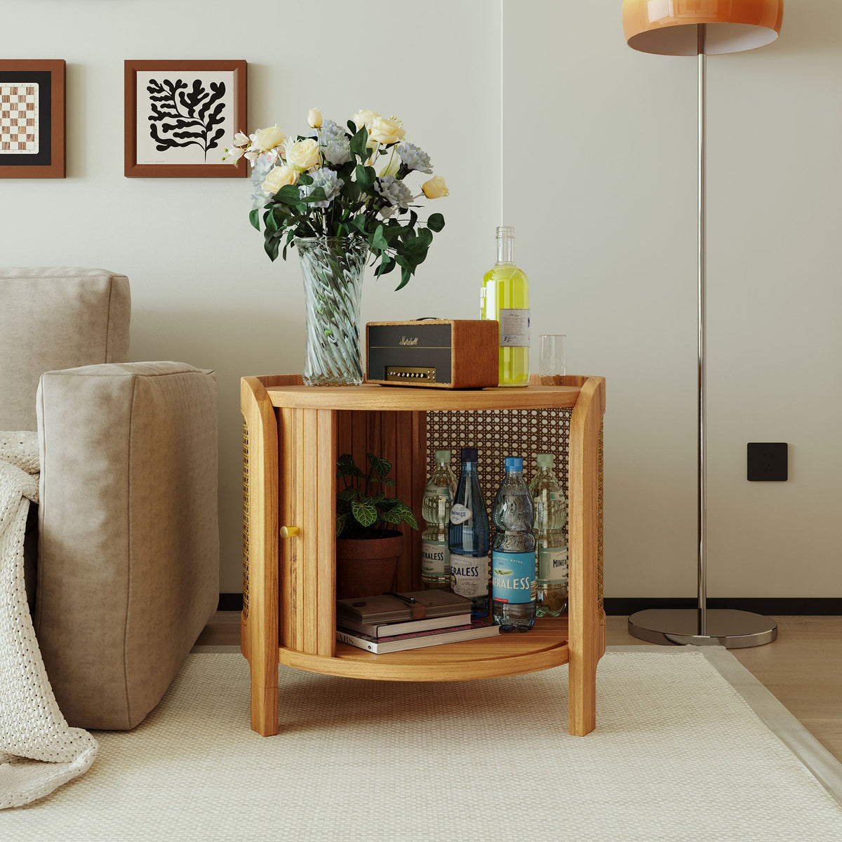 Roomfitters Modern Round Rotating Coffee Table with Woven PE Rattan Details, Antique Brown Roomfitters