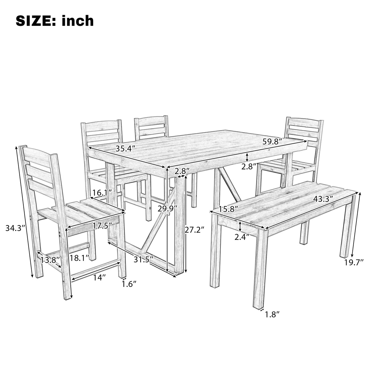 variant-group:rf-n711wy000472aae|Roomfitters 6-Piece Acacia Wood Outdoor Dining Set with Bench and 4 Chairs, Rectangular Table for Patio and Backyard, Brown