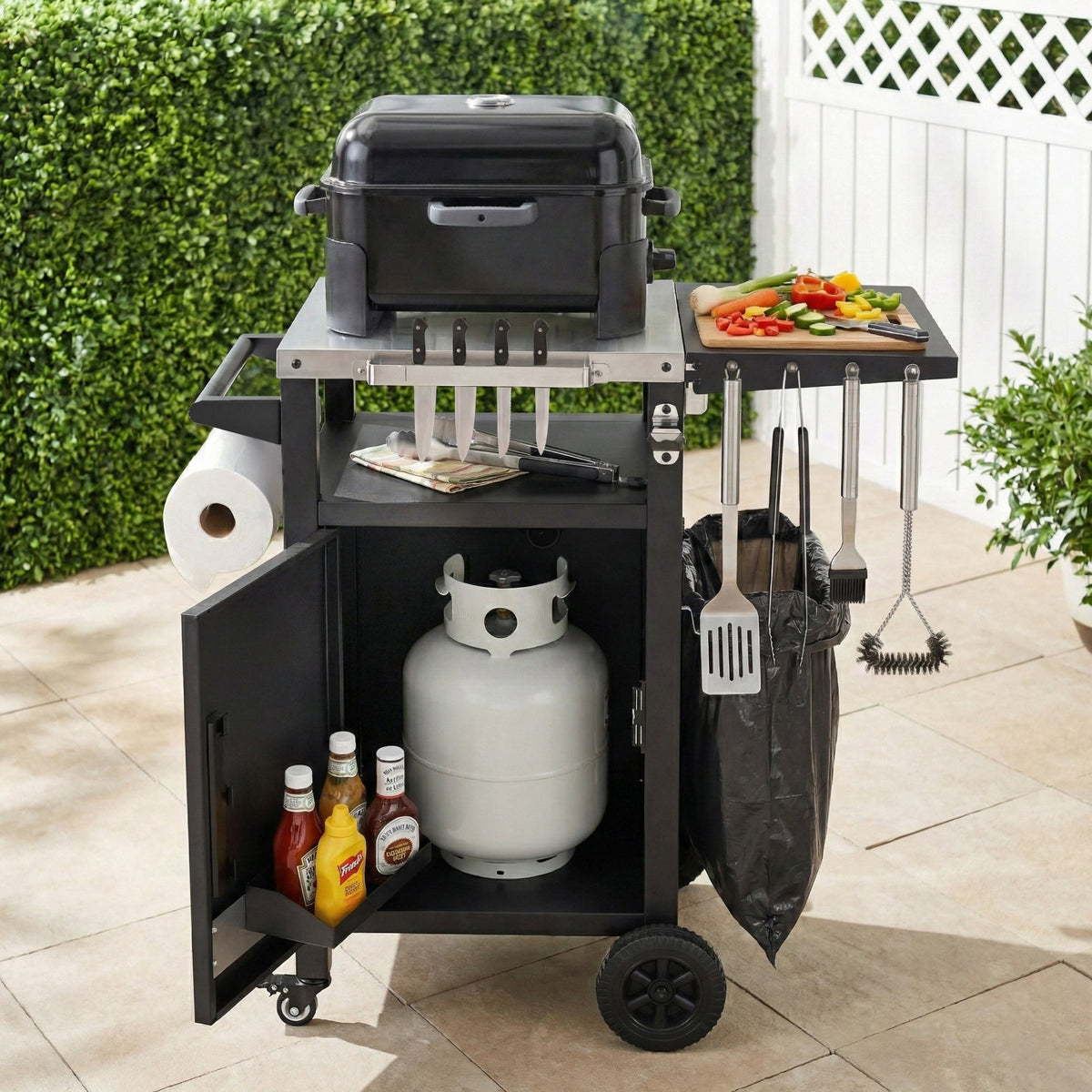 Roomfitters 33.9" Grill Cart with Stainless Steel Top, BBQ Prep Station with Spice Rack and Hamper Bag, Rolling Cart, Black