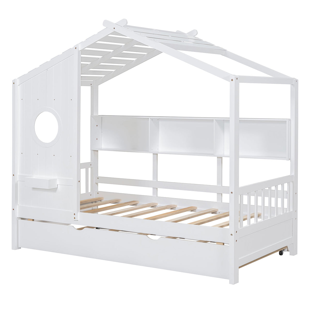 Roomfitters Wooden Twin Size House Bed with Trundle and Storage Shelf, White