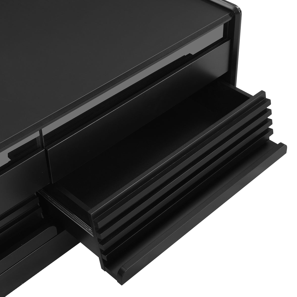 variant-group:rf-n724p286421b|Roomfitters Rectangle Coffee Table with Fluted Style, 4 Storage Compartments and Glass Display Shelves, Black
