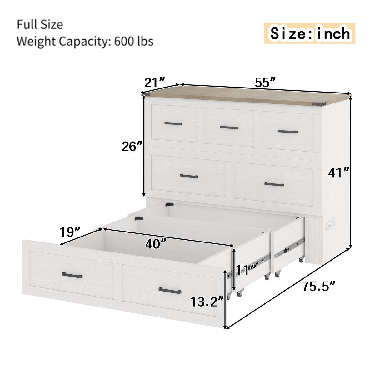variant-group:rf-n733s293995w|Roomfitters Full Size Murphy Bed Cabinet with Charging Station, Foldable Platform Bed with Storage Drawer, White