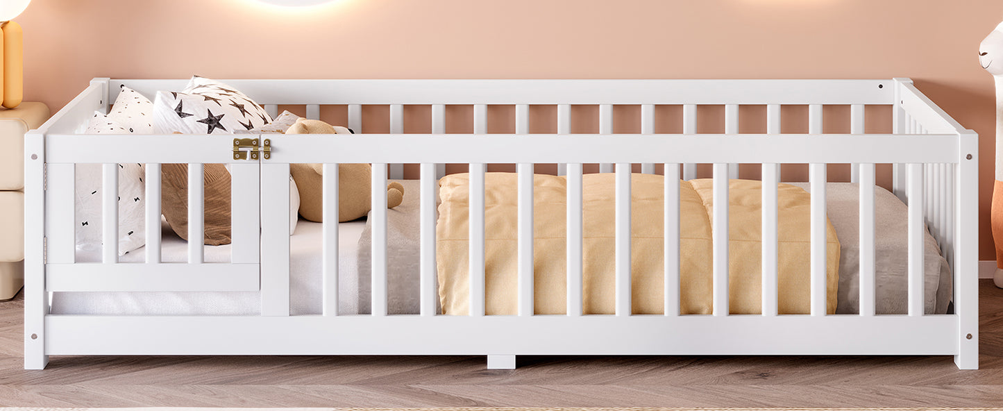 variant-group:rf-w1580p338944|Roomfitters Wooden Twin Floor Bed Frame with Door & Safety Guardrails, Low Platform Design for Bedroom or Playroom, White