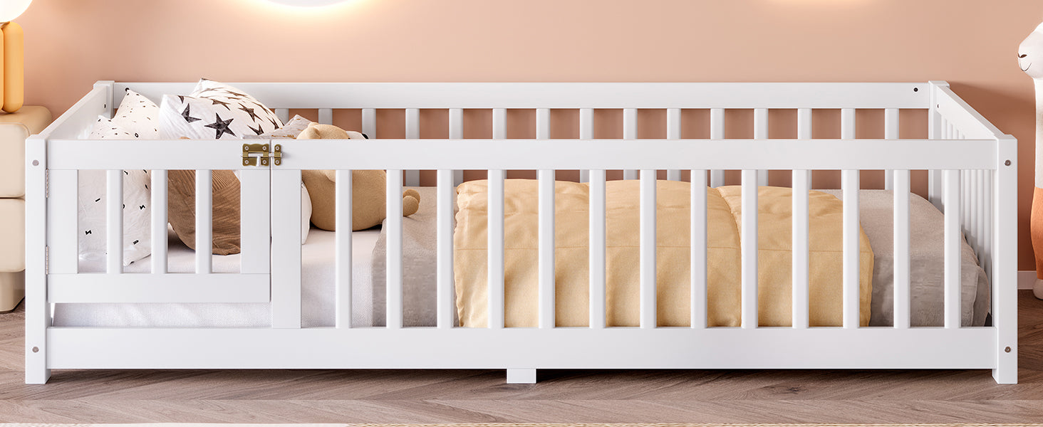 variant-group:rf-w1580p338944|Roomfitters Wooden Twin Floor Bed Frame with Door & Safety Guardrails, Low Platform Design for Bedroom or Playroom, White