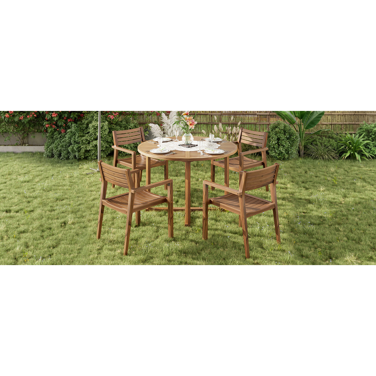 variant-group:rf-n711wy000475aao|Roomfitters 5-Piece Outdoor Dining Set for 4, 47.2-Inch Round Acacia Wood Table, Natural Brown Slatted Patio Group