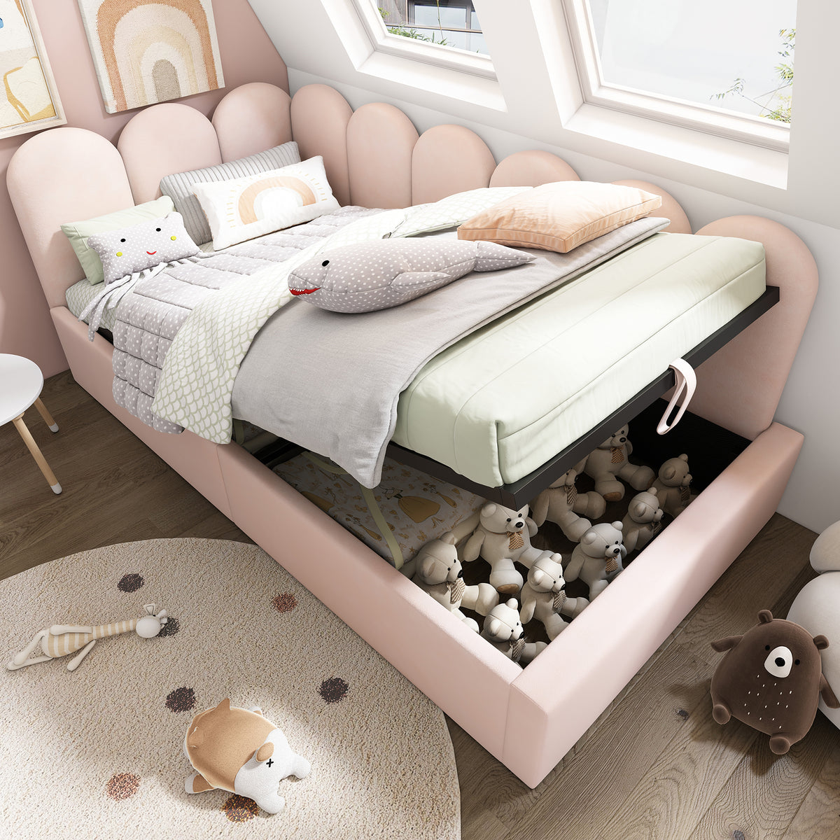 variant-group:rf-n736p333613p|Roomfitters Upholstered Twin Size Ottoman Daybed with Storage, Sofa Bed with Metal Slat Frame, Velvet Pink