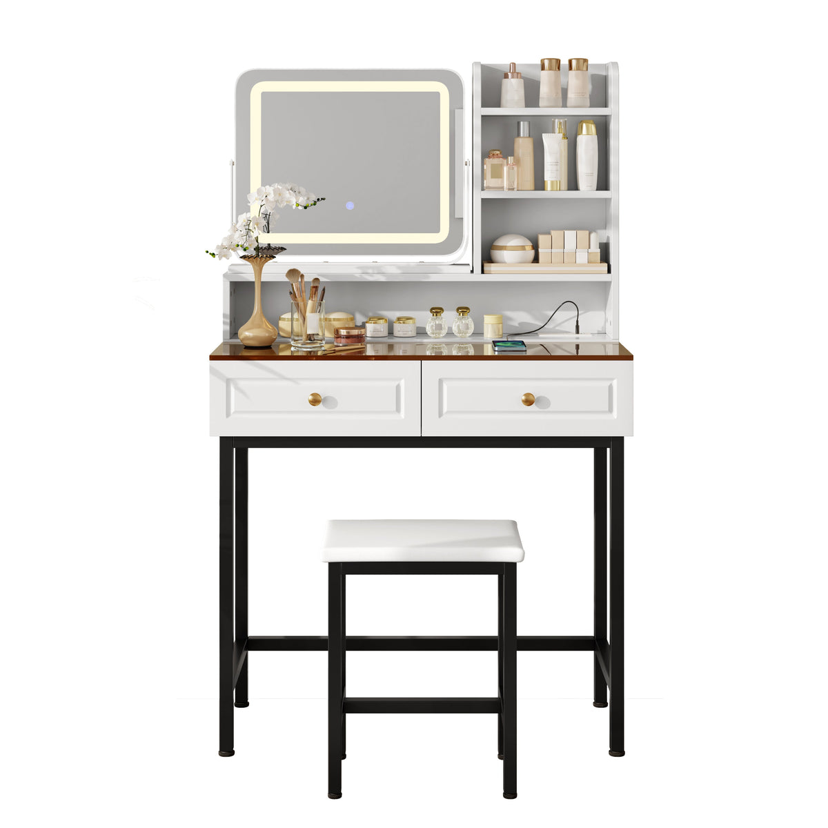 Roomfitters Makeup Vanity with LED Lighted Mirror, Glass Top, Charging Station and Storage Hutch, Vanity Table Set, Black+White Roomfitters